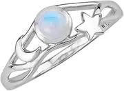 [Silvershake] 4MM Natural Round Shape Rainbow Moonstone White Gold Plated 925 Sterling Silver Scroll/Filigree Crescent Moon and Star Casual Ring June Gemstone Birthstone Jewelry for Women Size 8, 8
