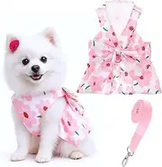 HJZHII Dog Dresses for Small Dogs Girls, Floral Print Puppy Clothes Bowknot Harness Dress Doggy Princess Spring Summer Breathable Female Pet Skirts Outfits with Collar Leash Attachment(Pink, S)