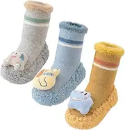 [Maeau] 3 Pairs of Non-Slip Shoes Baby Girl Socks Slippers Newborn Socks Warm Plush Autumn Winter Shoes Cartoon Cotton Baby First Step 0-3 Years Old