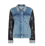 New! ALICE + OLIVIA Jeff Embellished Lace Sleeve Oversized Denim Jacket $895