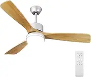 Krear Ceiling Fan with Lights, 52" Indoor Outdoor Ceiling Fans, 3 Wooden Blades, Remote Control with Light, Noiseless Reversible DC Motor, Suitable for Terrace/Living Room/Bedroom/Study, Silver