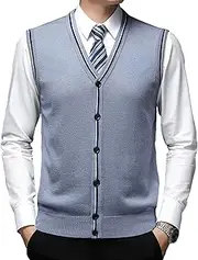 [SWJGLITTR] Men's Sleeveless Sweater Cardigan Wool Blend V Neck Buttons Vest Cable Knit Big and Tall Cardigan Vest, Wathet, Large