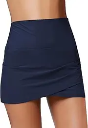 [Vetinee] Women's Bikini Bottoms High Waist Tummy Control Tulip Hem Ruched Bikini Skirt Swimming Trunks