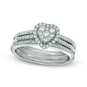 0.50 CT. T.W. Natural Diamond Heart Cluster Three Piece Bridal Engagement Ring Set in Solid 10K White Gold