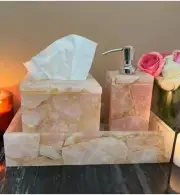 Rose Quartz Bathroom Set, Unique Rose Quartz Stone Vanity Accessories Tissue box
