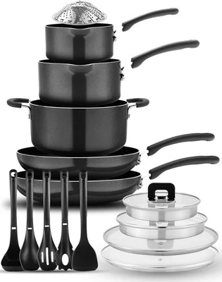 ANutriChef 17-Piece Non-Stick Stackable Cookware Set with Induction Base – Black