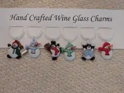 "SNOWMEN/ WINTER" SET OF 6 HAND CRAFTED Wine glass drink marker Charms