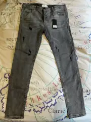 BNWT One Teaspoon Men’s Distressed Skinny Jeans In Grey, Size 34L