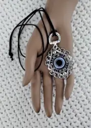 stunning vintage style evil eye silver tone long leather cord good luck Amulet *