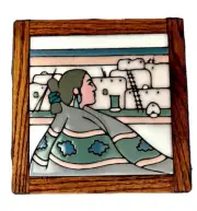 Mexican Ceramic Tile Trivet Plate Heat Resistant 7 1/2" Handcrafted Wood Frame
