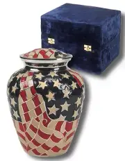 Patriotic American Flag Painted, Adult Brass Funeral Cremation Urn W. Velvet Box