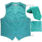 New Men's Vesuvio Napoli Tuxedo Vest Necktie Hankie set prom party Aqua Blue