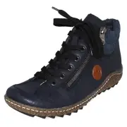 LADIES RIEKER TEX LACE UP WARM LINED CASUAL FLAT ANKLE BOOTS L7514 BLUE SIZE