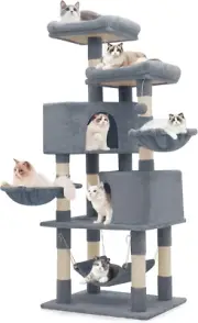 Cat Tree, 58 Inch, Light Grey - 8 Sisal Scratching Posts, 2 Condos, Hammocks & T