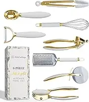 White & Gold Cooking Utensils Set - Luxe 8-Piece Kitchen Gadget Set Includes Can Opener, Tongs and Garlic Press - Stylish White and Gold Kitchen Accessories for Modern Kitchens, Ideal for Gifting