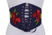 Women Dark Blue Denim High Waist Corset Elastic Wide Belt Red Rose Flowers S M