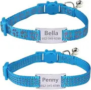 THAIN Personalized Cat Collar with Name tag Engraved Custom cat id tag Slide-On Reflective cat Collar Breakaway with Bell for Girls & Boys,2 Pack(Light Blue)
