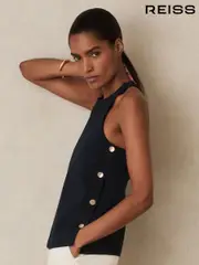 Reiss Navy Cosmo Button Side Sleeveless Top (F71405) | $195