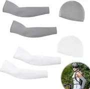 [Gipoowaa] UV Protection Cooling Arm Sleeves Set, 6Pcs Arm Sleeves & Skull Cap Helmet Liner Set, Compression UV Protection, Cooling, Dustproof, Sweat-Absorbing(Grey and White)