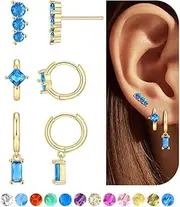 [SONNYX] 3 Pairs Dainty Gold Birthstone Stud Earrings for Women Non Tarnish 14K Gold Plated Hypoallergenic Three Hole Cartilage Stud Earring Set for Multiple Piercing Small Huggie Hoop Earrings Trendy