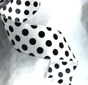 Black Polka Dots White Satin 2.5" x 2 yd Wire Ribbon 1/2" Bee Halloween Everyday
