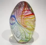 HAND BLOWN GLASS PAPERWEIGHT, RETICELLO GLASS, RAINBOW COLORS, DIRWOOD, n3867