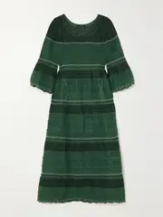 [VITA KIN] VITA KIN - Lora Embroidered Striped Linen Dress - Dark green - small small Green