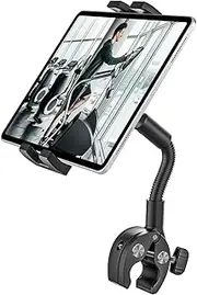 woleyi Gooseneck Tablet Bike Mount for Indoor Cycling, Gym Treadmill, Spin bike, Stationary Exercise bicycle, Peloton Handlebar, Elliptical, Stroller Clamp for iPad Pro/Air/Mini, Phone, 4-12.9" Tablet