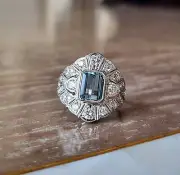 Aquamarine and Diamonds Art Deco Ring in Platinum
