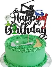 Gyufise 1Pc Golf Happy Birthday Cake Topper Glitter Golf Ball Player Cake Pick Decoration for Sports Golf Theme Men Birthday Party Cake Decorations Supplies Black