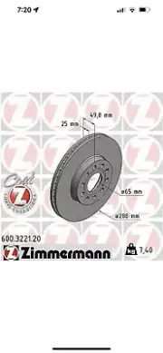 2x Brake Disc for VW Audi, Zimmerman VAG Coat Z 600.322.20 OEM 1K0615301K