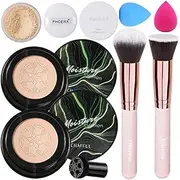 Mushroom Head Air Cushion CC Cream Natural Foundation,Phoera Powder, Bright Makeup Base Long Lasting with Makeup Sponge and Flat Top Kabuki Foundation Brush (# 02 Natural)