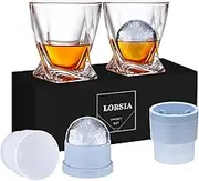 Whisky Glass, Set of 4 (2 Crystal Tumbler Glasses, 2 Large Ice Ball Moulds) in Gift Box - 330ml Whiskey Glasses for Scotch Cocktail Rum Cognac Vodka Liqueurs, Unique Gifts for Men