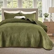 DEVIONIX Velvet Quilt Queen Size, 3-Piece Lightweight Soft Summer Quilt Bedding Set, Breathable Olive Green Bedspread with Pillow Shams, Luxury Ultrasonic Leaf Pattern Coverlet for All Season