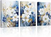 [ZXHYWYM] Abstract Floral Wall Art 3 Pieces Navy Blue Flowers Canvas Picture Blue and Gold Painting Prints Modern Artwork Home Decor Framed (Art-1, (30x40cmx3 Pieces))