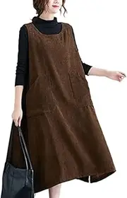 [ellazhu] Women's Round Neck Overall Corduroy Pinafore Pullover Jumper Dress GZ60