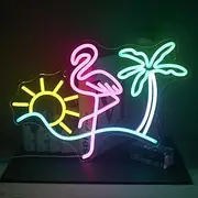 Flamingo Sun Palm Tree Neon Sign, for Wall Decor, Home Bar Cart, Summer Beach Restaurant, Man Cave, Beer Cafe Bistro Club Party, 16.5" x 12.2"/42 * 31cm