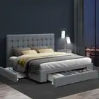 Queen Bed Frame with Tufted Headboard Padded Storage Drawer Wheels Wooden Slats