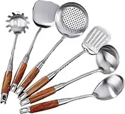 Cooking Utensils Set 304 Stainless Steel Wooden Handle Cooking Utensil Spatula Shovel Spoon Colander Kitchen Cookware 6Pcs Set