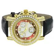 14K Gold Tone Real Diamond Red &White Solitaire Dial Leather Band Watch W/Date