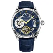 Stuhrling 943A 02 Dual Time AM PM Automatic Skeleton Blue Leather Mens Watch