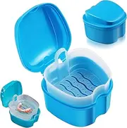 Denture Case Denture Cup with Strainer - Denture Bath Box False Teeth Storage Box with Basket Net Container Holder for Travel, Retainer Cleaning (Light Blue)