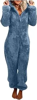 [Generic] Women Fuzzy Onesie One Piece Pajamas Fleece Jumpsuits Lounge Rompers Warm Elegant Plush Hooded Fluffy Winter Sleepwear
