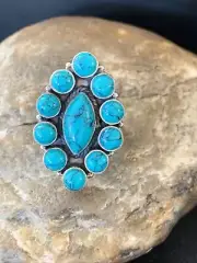 Blue Turquoise Cluster Southwestern Navajo Sterling Silver Ring Size 7 12305
