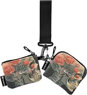 [XYMZR] Mini Zip Around Wristlet keychain Wallet Skull Beautiful Flower for Women Personalized Pattern Detachable Dual Pouch Wristlet Portable Wallet Phone Coin Purse, Multi-colored, One Size