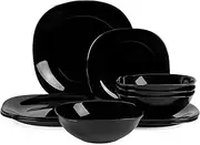 [LaGlint] Square Dinnerware Sets for 4, 12 Pieces Opal Glass Plates and Bowls Set, Dishwasher and Microwave Safe Dish Dinning Ware Set, Chip and Scratch Resistant Dishware Sets Black
