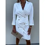 Women's Work Dress Blazer Dress Sheath Dress Fashion Office Daily Mini Dress Double Breasted Shirt Collar Long Sleeve Plain Loose Fit Black White Green Fall Wi