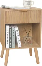 Night Stand with Drawer, Mid Century Nightstand with Storage, Modern Fluted Beds