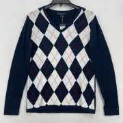 Tommy Hilfiger Argyle Sweater Women’s Medium Navy Red White V-Neck Preppy NWT