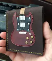 Angus Young AC/DC Cherry Red Double Cut Guitar Men's Leather Wallet Bi-fold